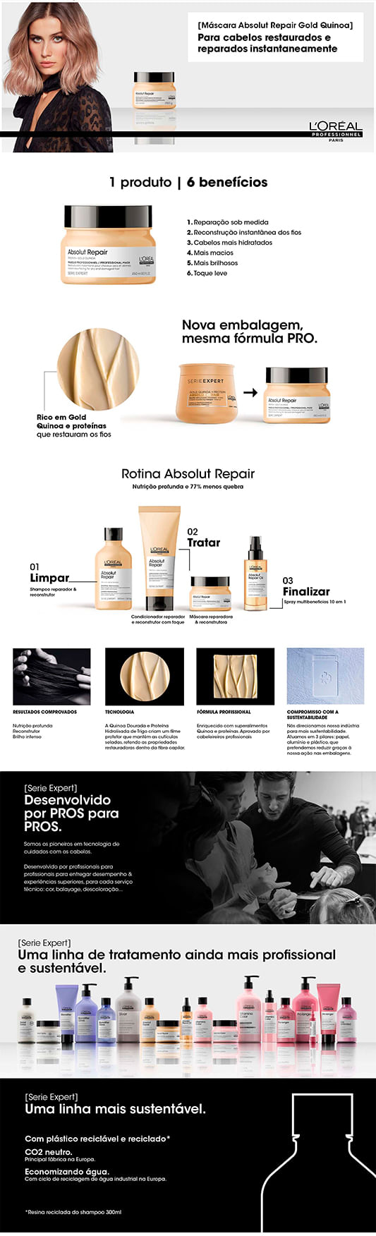 L'Oréal Professionnel Absolut Repair Gold Quinoa + Protein - Máscara de Tratamento Tamanho Profissional